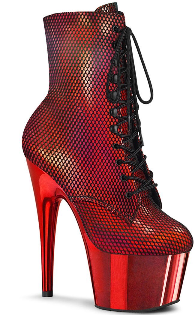 ADORE-1020 Red Holo Fishnet Ankle Boots-Pleaser-Tragic Beautiful