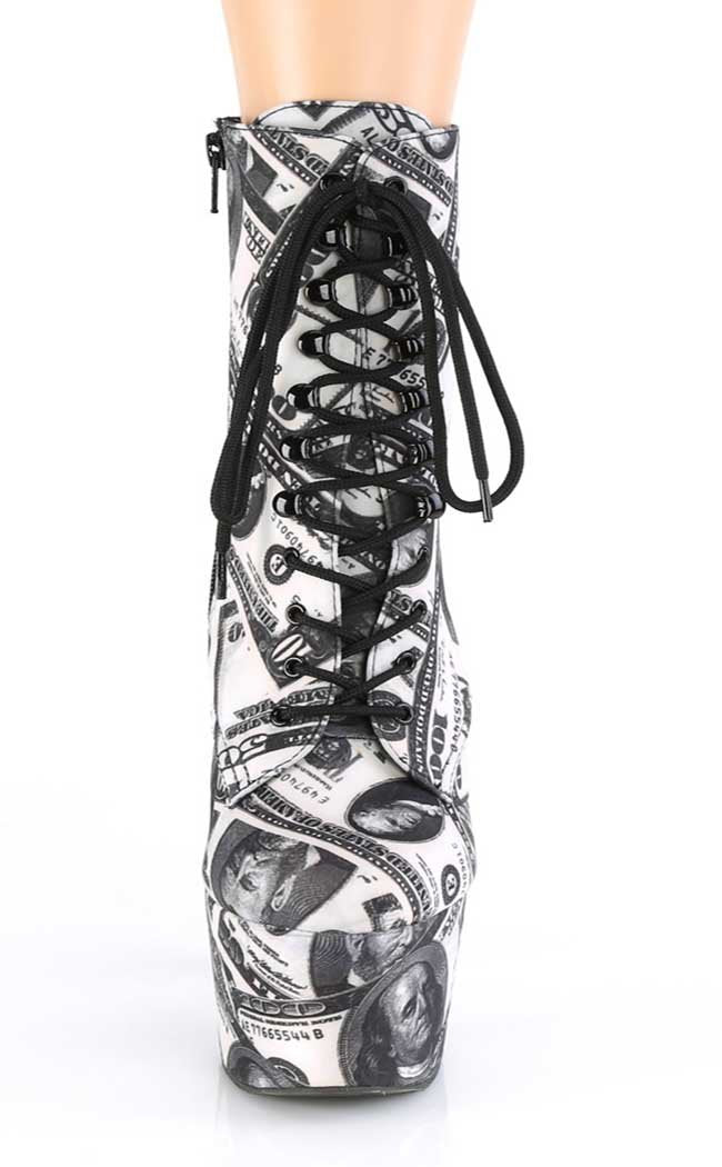 ADORE-1020 White/Black Money Print Ankle Boots-Pleaser-Tragic Beautiful