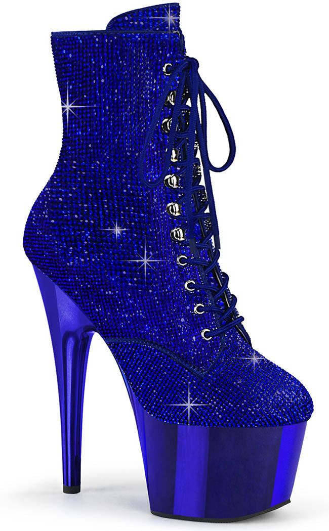 ADORE-1020CHRS Royal Blue Rhinestone Chrome Ankle Boots-Pleaser-Tragic Beautiful