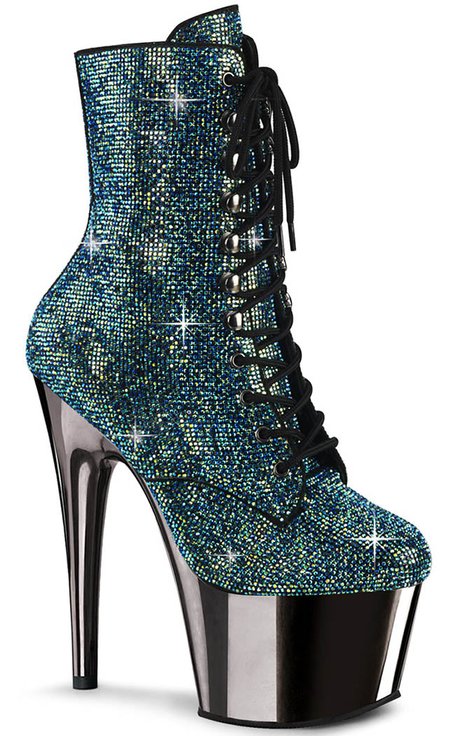 ADORE-1020CHRS Turquoise Rhinestone/Pewter Chrome Ankle Boots-Pleaser-Tragic Beautiful
