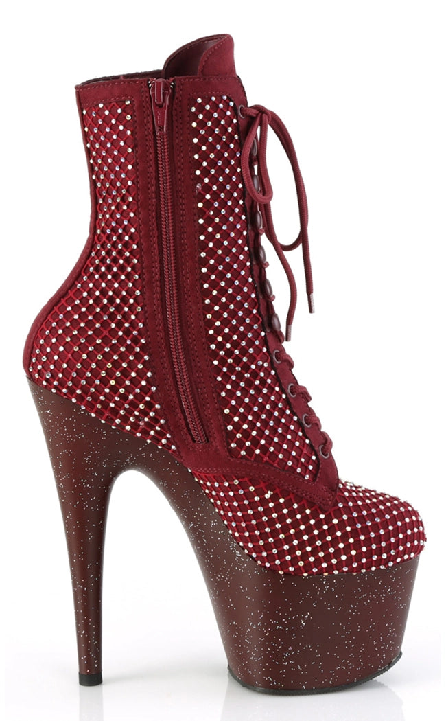 ADORE-1020RM Burgundy Mesh Rhinestone Ankle Boots-Pleaser-Tragic Beautiful