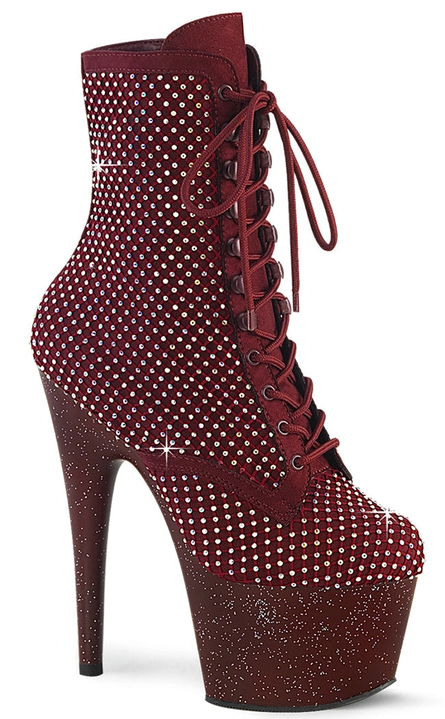 ADORE-1020RM Burgundy Mesh Rhinestone Ankle Boots