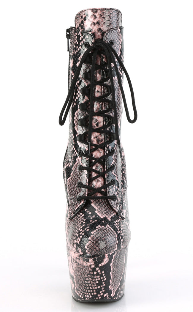 ADORE-1020SPWR Baby Pink Snake Print Ankle Boots-Pleaser-Tragic Beautiful