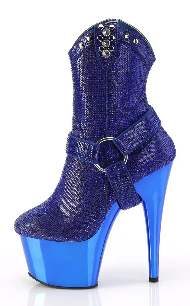 ADORE-1029CHRS Royal Blue Rhinestone Cowboy Ankle Boots-Pleaser-Tragic Beautiful