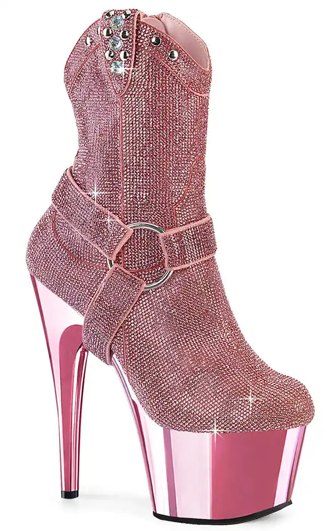 ADORE-1029CHRS Baby Pink Rhinestone Cowboy Ankle Boots-Pleaser-Tragic Beautiful