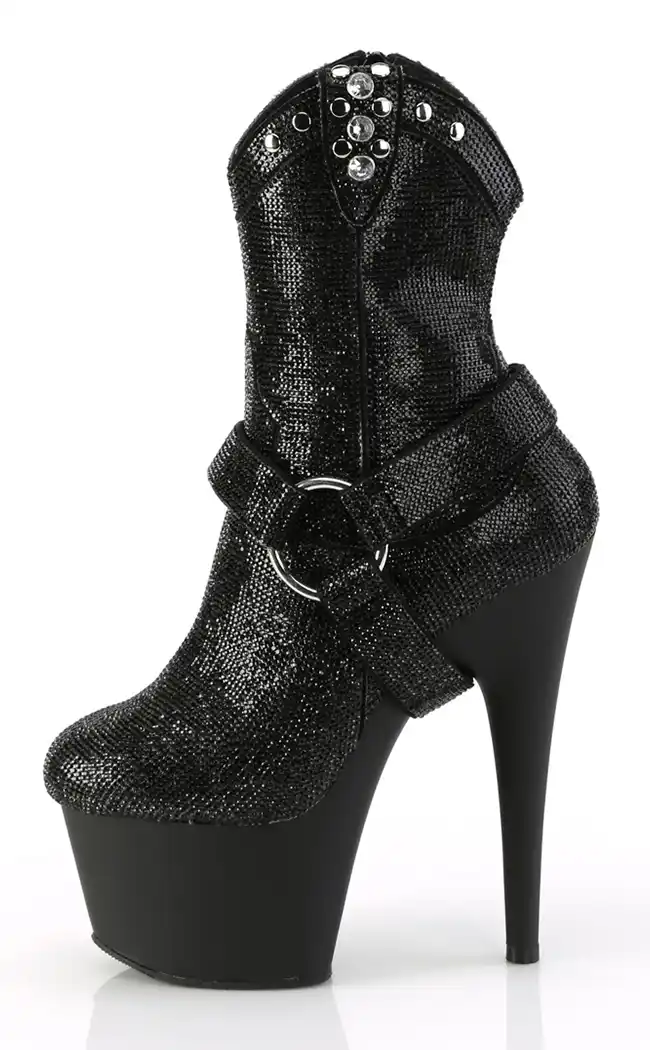 ADORE-1029RS Black Rhinestone Cowboy Ankle Boots-Pleaser-Tragic Beautiful