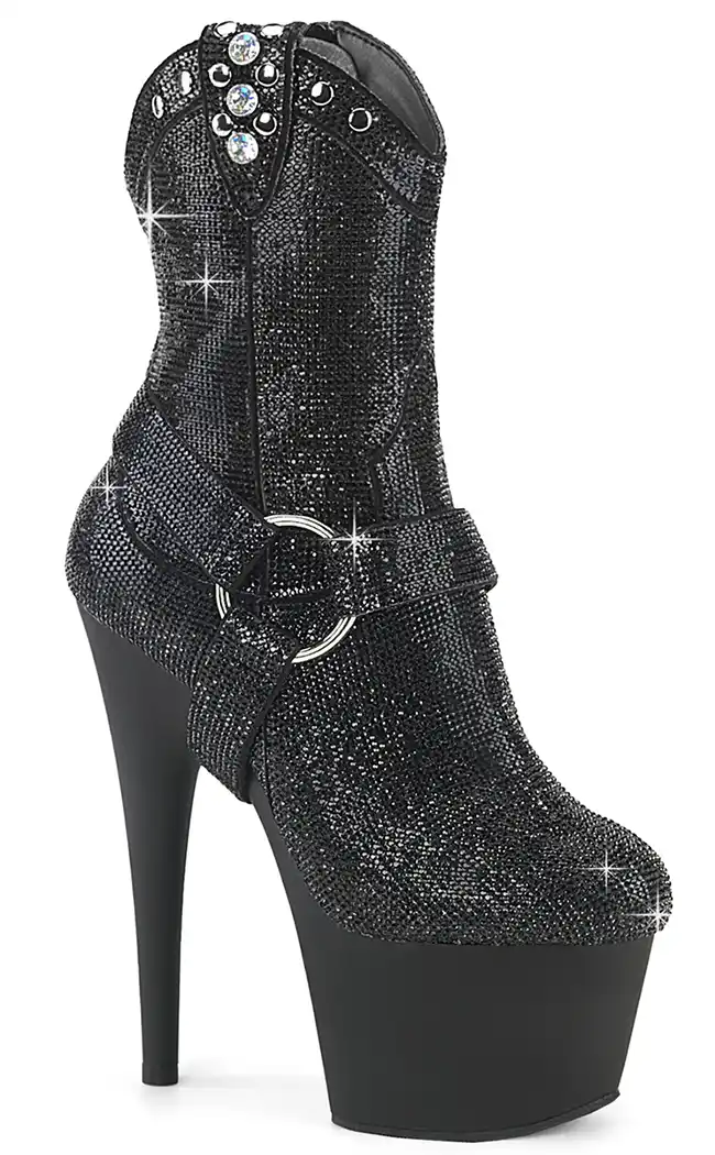 ADORE-1029RS Black Rhinestone Cowboy Ankle Boots-Pleaser-Tragic Beautiful