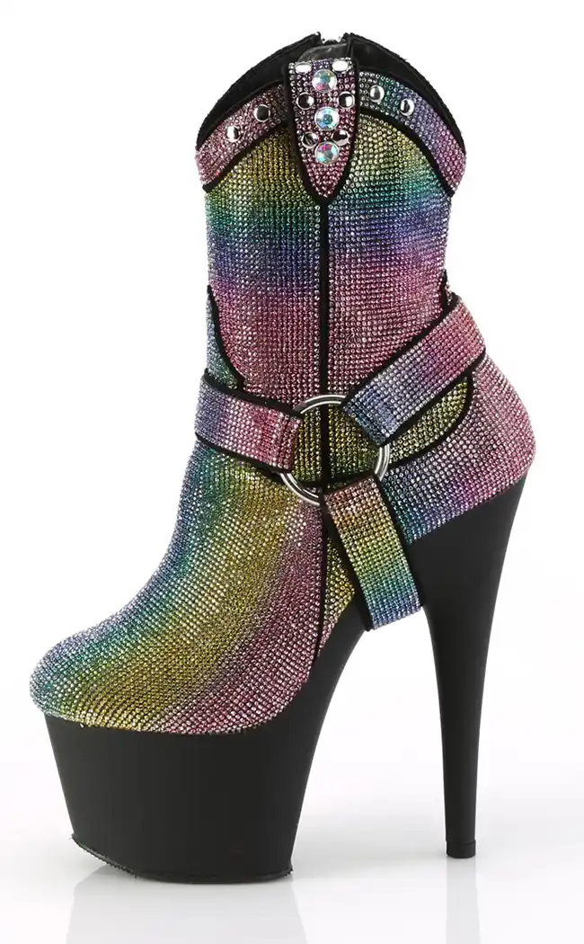 ADORE-1029RS Rainbow Rhinestone Cowboy Ankle Boots-Pleaser-Tragic Beautiful