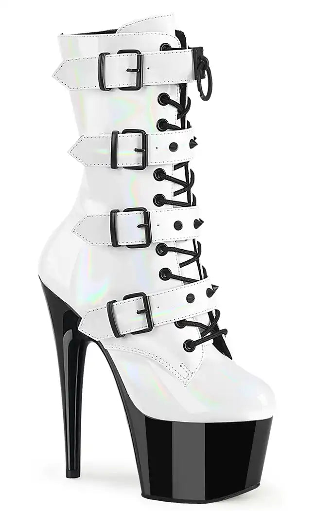 ADORE-1046TT White Holographic & Black Patent Boots-Pleaser-Tragic Beautiful