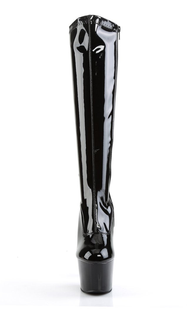 ADORE-2000 Blk Str Pat/Blk Knee High Boots-Pleaser-Tragic Beautiful