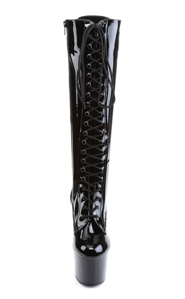 ADORE-2023 Blk Str Pat/Blk Knee High Boots-Pleaser-Tragic Beautiful