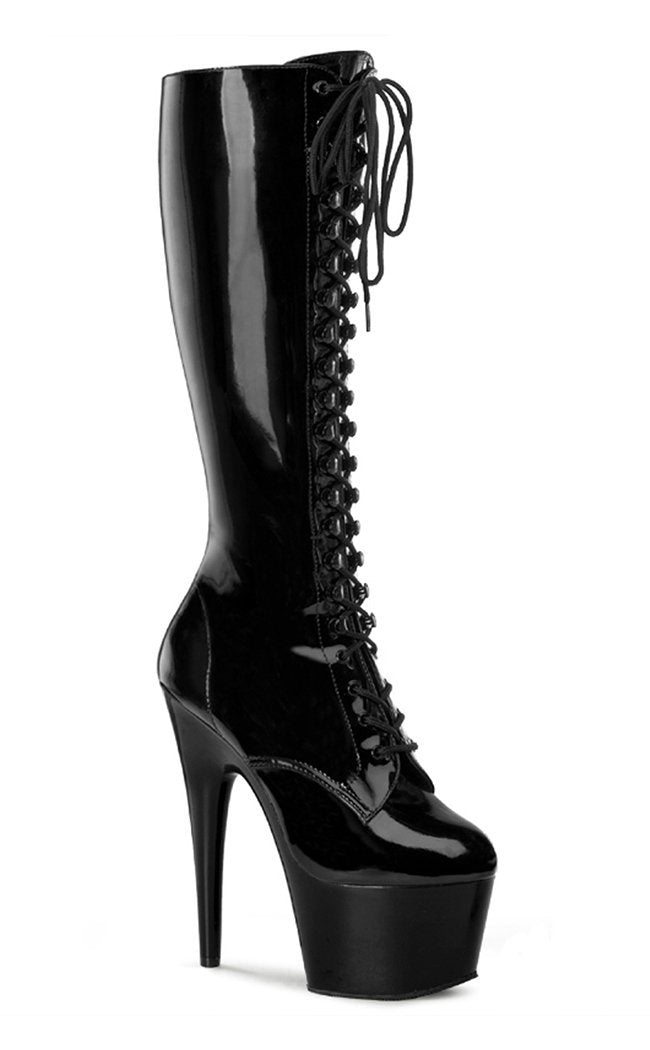 ADORE-2023 Blk Str Pat/Blk Knee High Boots-Pleaser-Tragic Beautiful