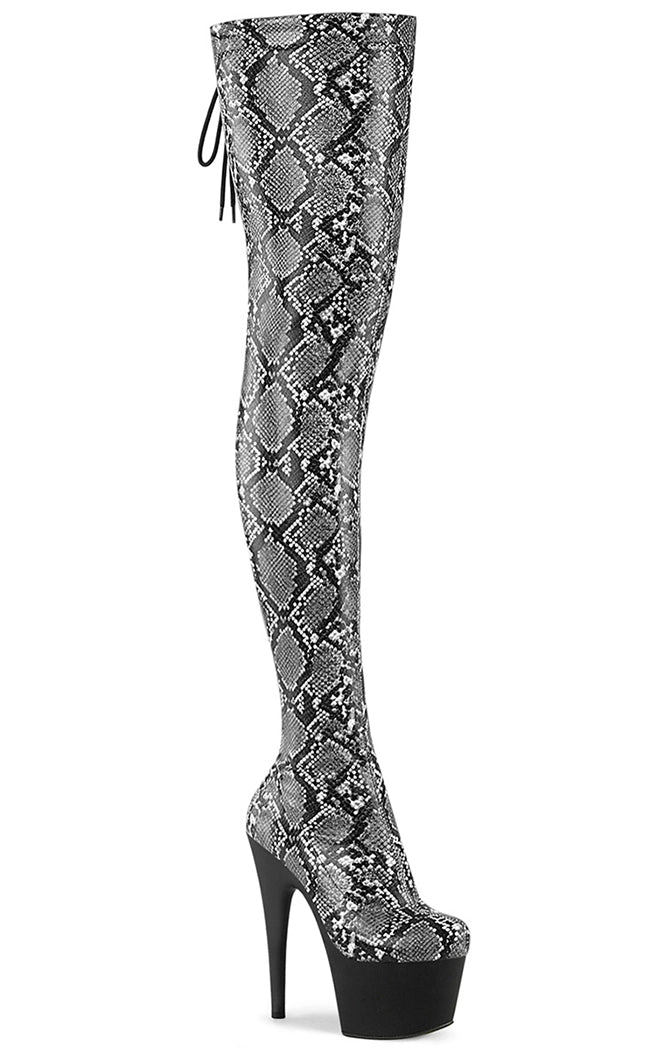 ADORE-3008SP-BT Grey Black Snake Print Thigh High Boots-Pleaser-Tragic Beautiful