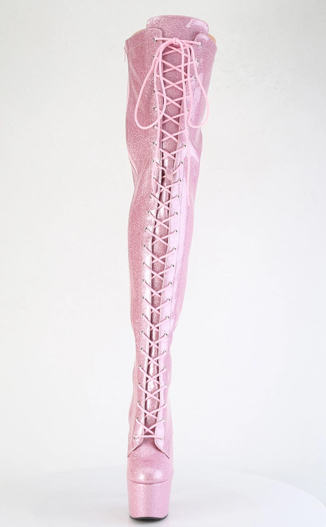 ADORE-3020GP Baby Pink Glitter Patent Thigh High Boots-Pleaser-Tragic Beautiful