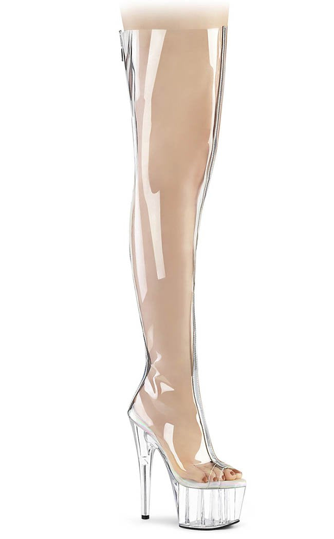 ADORE-3021 Clear TPU/ Silver Metallic Thigh High Boots-Pleaser-Tragic Beautiful