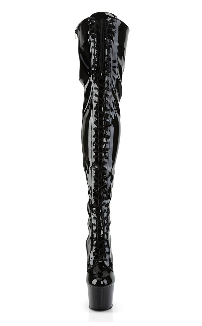 ADORE-3023 Blk Str Pat/Blk Thigh High Boots-Pleaser-Tragic Beautiful