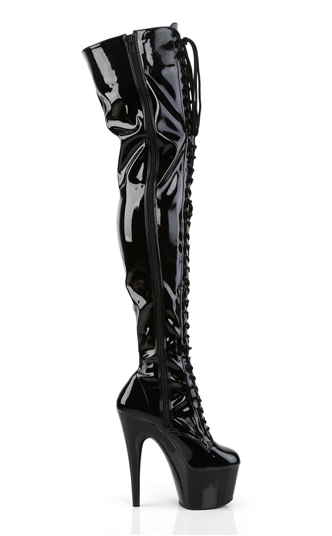 ADORE-3023 Blk Str Pat/Blk Thigh High Boots-Pleaser-Tragic Beautiful