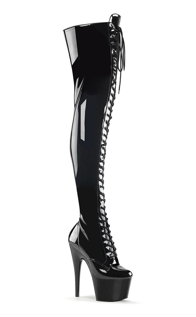 ADORE-3023 Blk Str Pat/Blk Thigh High Boots-Pleaser-Tragic Beautiful