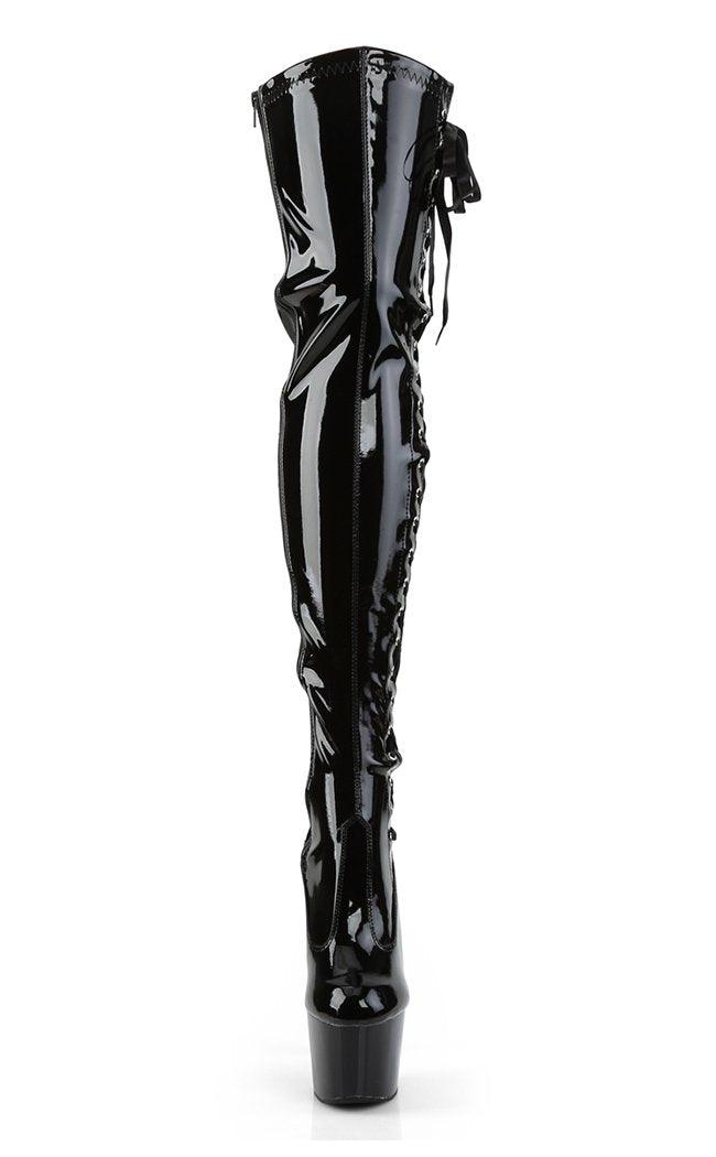 ADORE-3050 Blk Str Pat/Blk Thigh High Boots-Pleaser-Tragic Beautiful