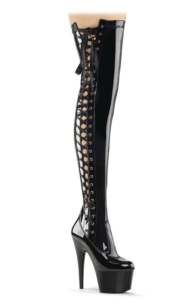 ADORE-3050 Blk Str Pat/Blk Thigh High Boots-Pleaser-Tragic Beautiful