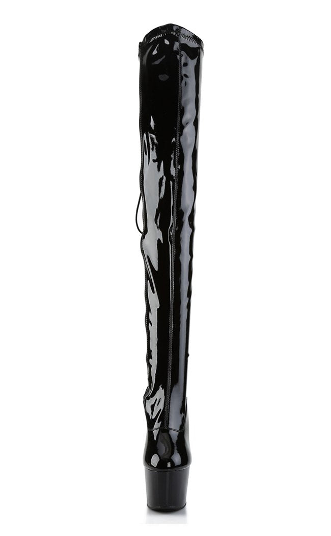 ADORE-3063 Blk Str Pat/Blk Thigh High Boots-Pleaser-Tragic Beautiful