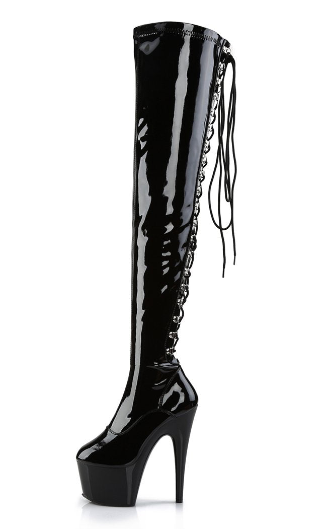 ADORE-3063 Blk Str Pat/Blk Thigh High Boots-Pleaser-Tragic Beautiful