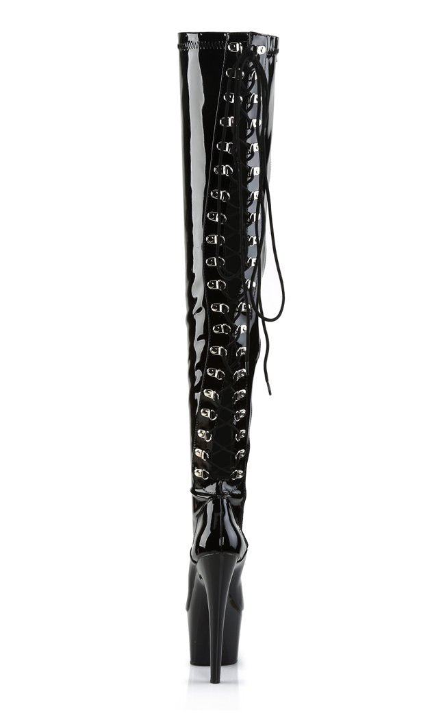 ADORE-3063 Blk Str Pat/Blk Thigh High Boots-Pleaser-Tragic Beautiful