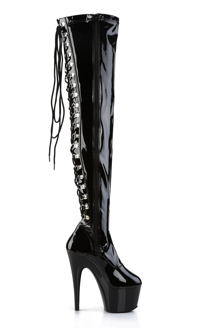 ADORE-3063 Blk Str Pat/Blk Thigh High Boots-Pleaser-Tragic Beautiful