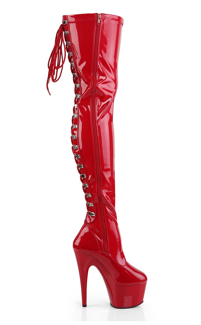 ADORE-3063 Red Str Pat/Red Thigh High Boots-Pleaser-Tragic Beautiful