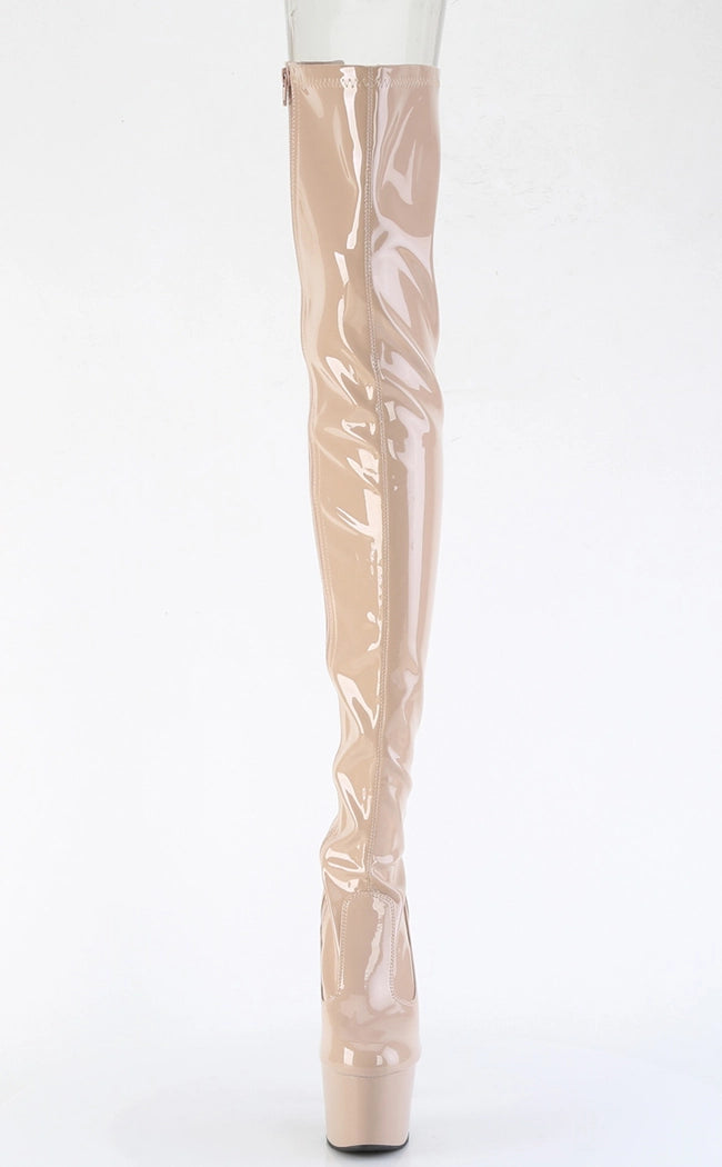 ADORE-3850 Nude Patent Thigh High Boots-Pleaser-Tragic Beautiful