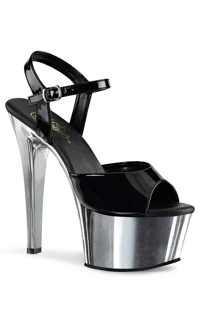 ASPIRE-609 Blk Pat/Slv Chrome Heels-Pleaser-Tragic Beautiful