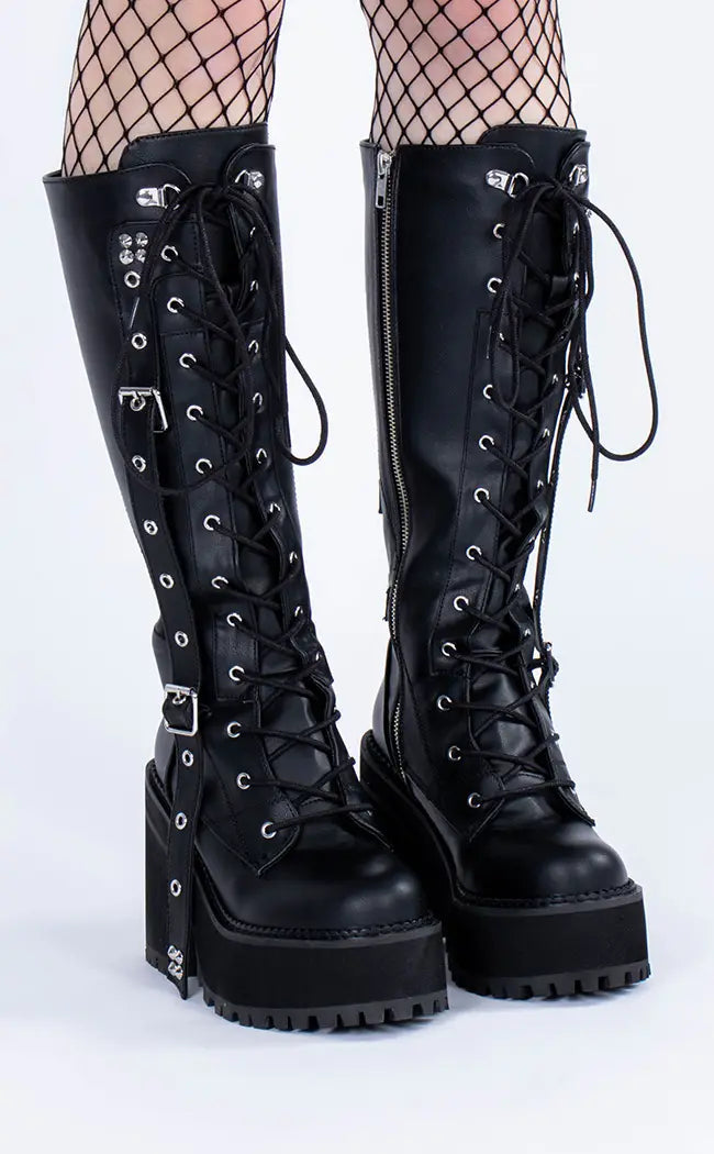 ASSAULT-218 Black Vegan Knee Boots-Demonia-Tragic Beautiful