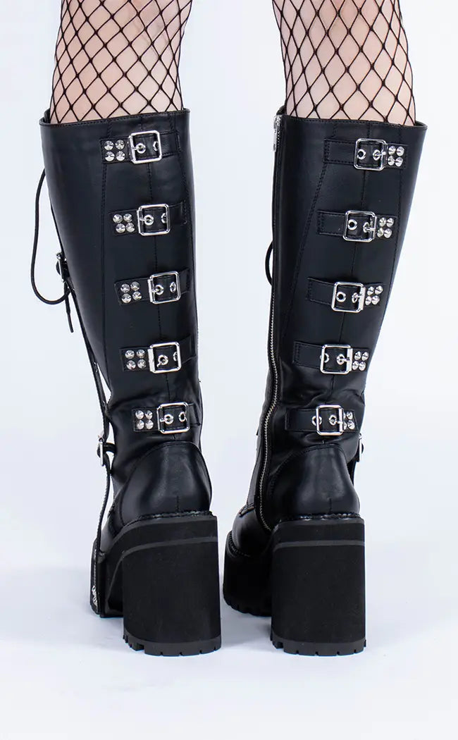 ASSAULT-218 Black Vegan Knee Boots-Demonia-Tragic Beautiful