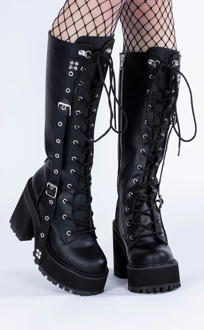 ASSAULT-218 Black Vegan Knee Boots-Demonia-Tragic Beautiful