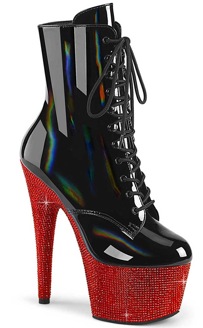 BEJEWELED-1020-7 Black Holo/Red Rhinestone Boots-Pleaser-Tragic Beautiful