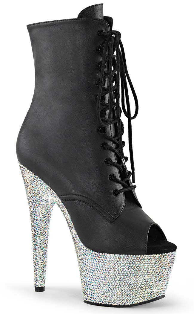 BEJEWELED-1021-7 Black Matte/Silver Rhinestone Boots-Pleaser-Tragic Beautiful