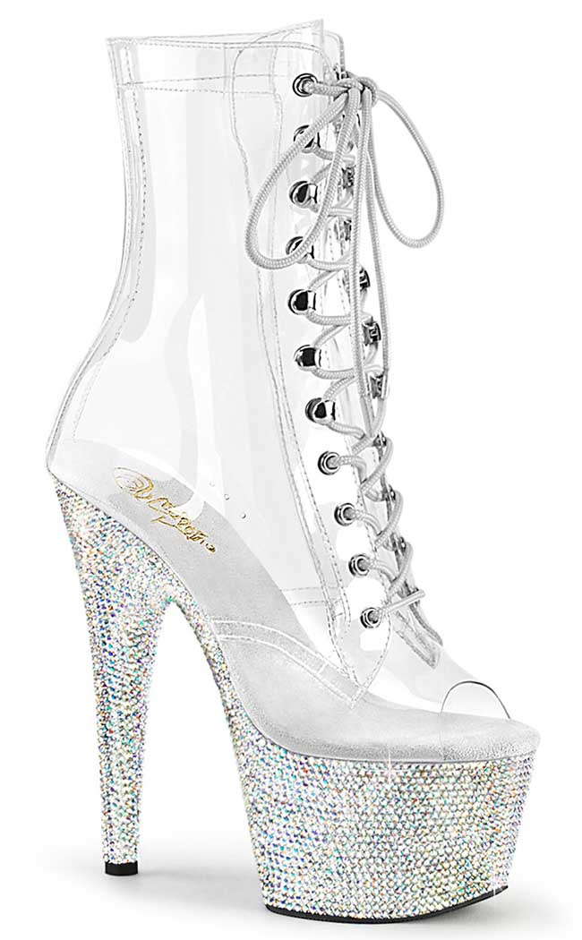 BEJEWELED-1021-7 Clear Holo/Silver Rhinestone Boots-Pleaser-Tragic Beautiful