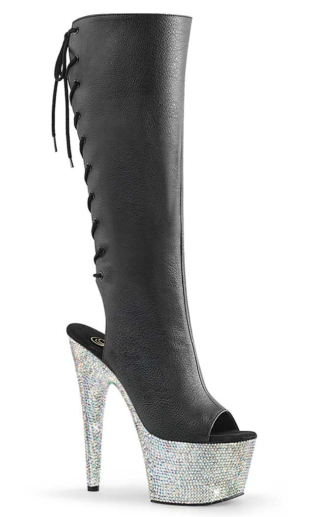 BEJEWELED-2018-7 Black Matte/Silver Rhinestone Knee Boots-Pleaser-Tragic Beautiful
