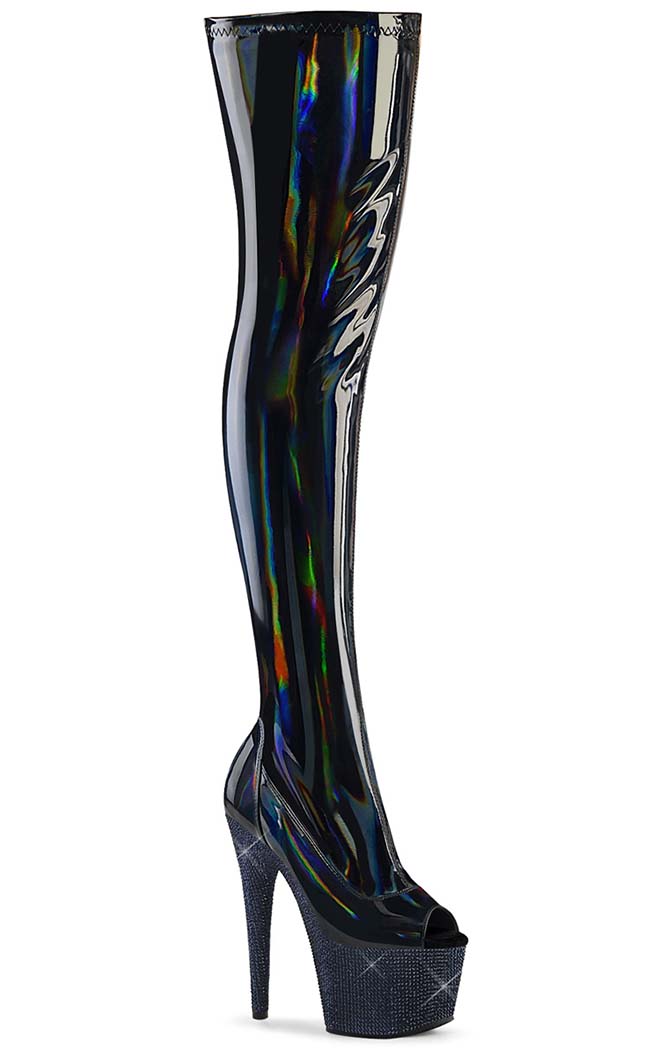 BEJEWELED-3011-7 Black Holo Thigh-High Rhinestone Boots-Pleaser-Tragic Beautiful