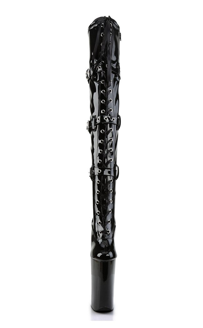 BEYOND-3028 Black Stretch Patent Thigh High Boots-Pleaser-Tragic Beautiful