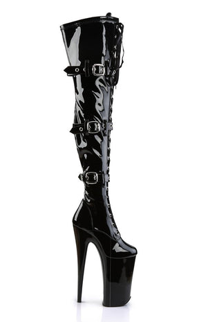 BEYOND-3028 Black Stretch Patent Thigh High Boots-Pleaser-Tragic Beautiful