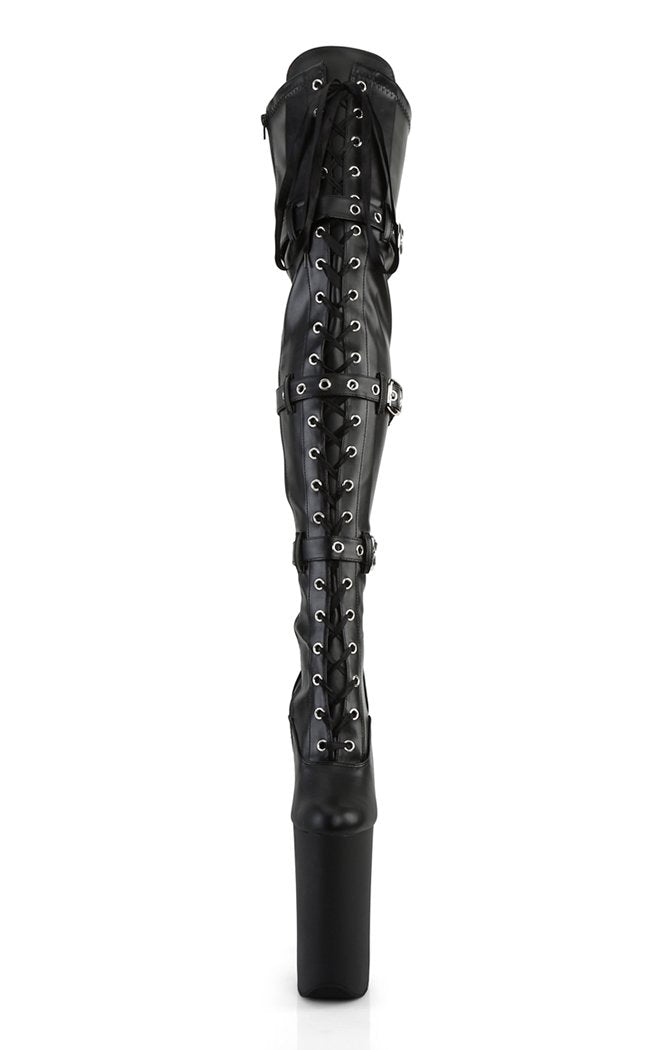 BEYOND-3028 Blk Stretch Pu/Blk Matte Thigh High Boots-Pleaser-Tragic Beautiful