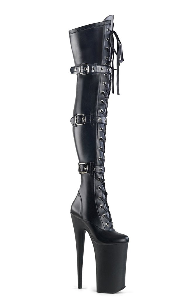 BEYOND-3028 Blk Stretch Pu/Blk Matte Thigh High Boots-Pleaser-Tragic Beautiful