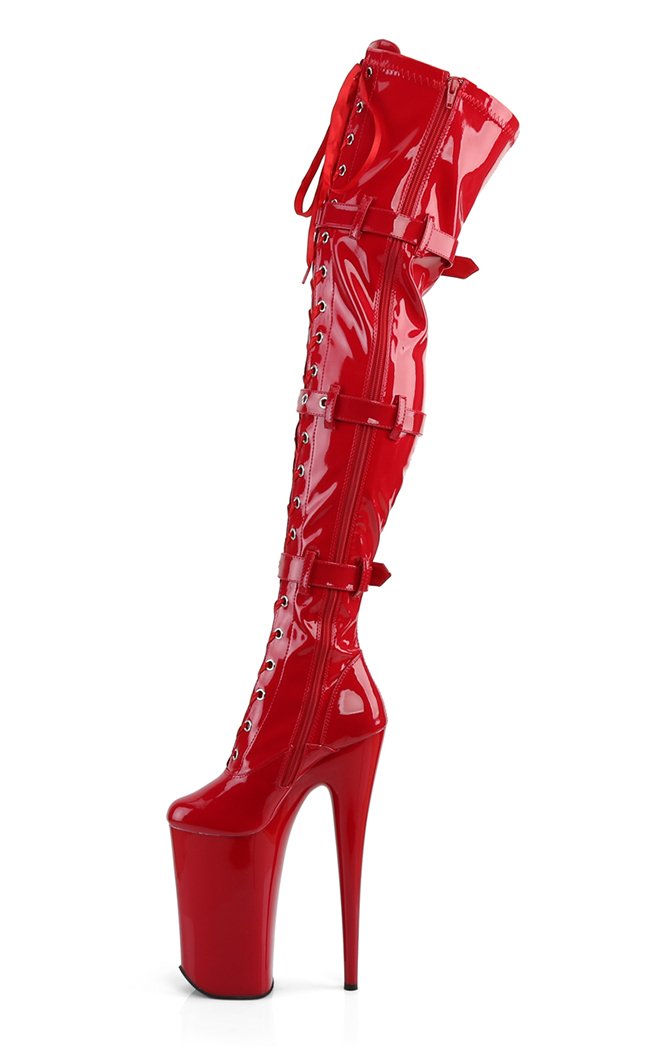 BEYOND-3028 Red Stretch Patent Thigh High Boots-Pleaser-Tragic Beautiful