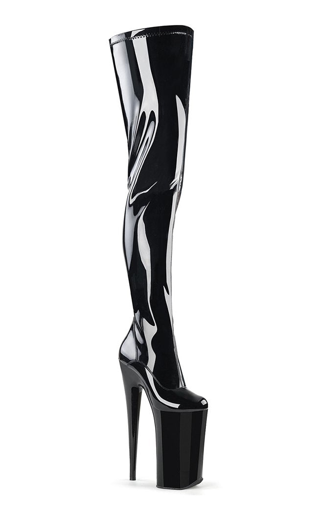 BEYOND-4000 Blk Stretch Patent Crotch High Boots-Pleaser-Tragic Beautiful