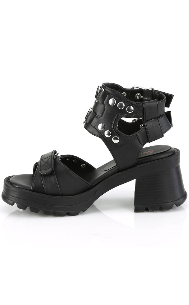 BRATTY-07 Black Chunky Heel Sandals-Demonia-Tragic Beautiful