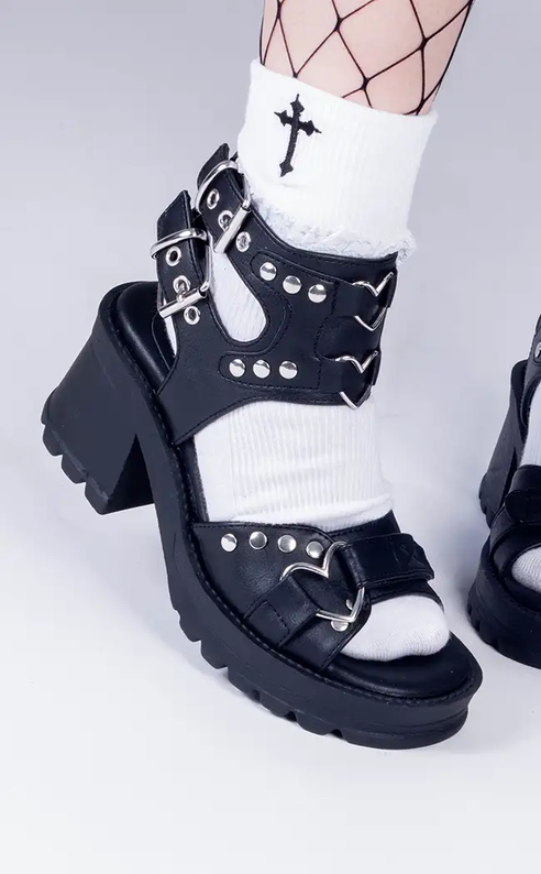 BRATTY-07 Black Chunky Heel Sandals (AU Stock)-Demonia-Tragic Beautiful