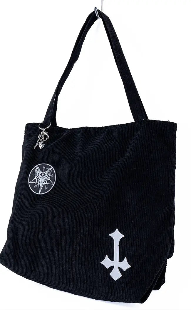 Black Corduroy Tote Bag | Baphomet-Gothic Accessories-Tragic Beautiful