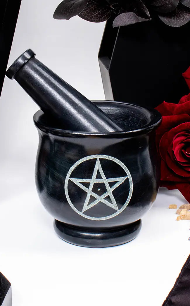Black Soapstone Mortar & Pestle With Pentagram-Witchcraft Supplies-Tragic Beautiful
