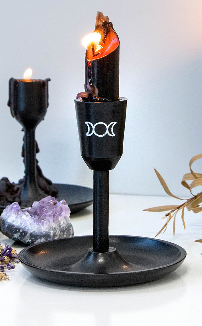 Black Triple Moon Taper Candle Holder-Candles-Tragic Beautiful